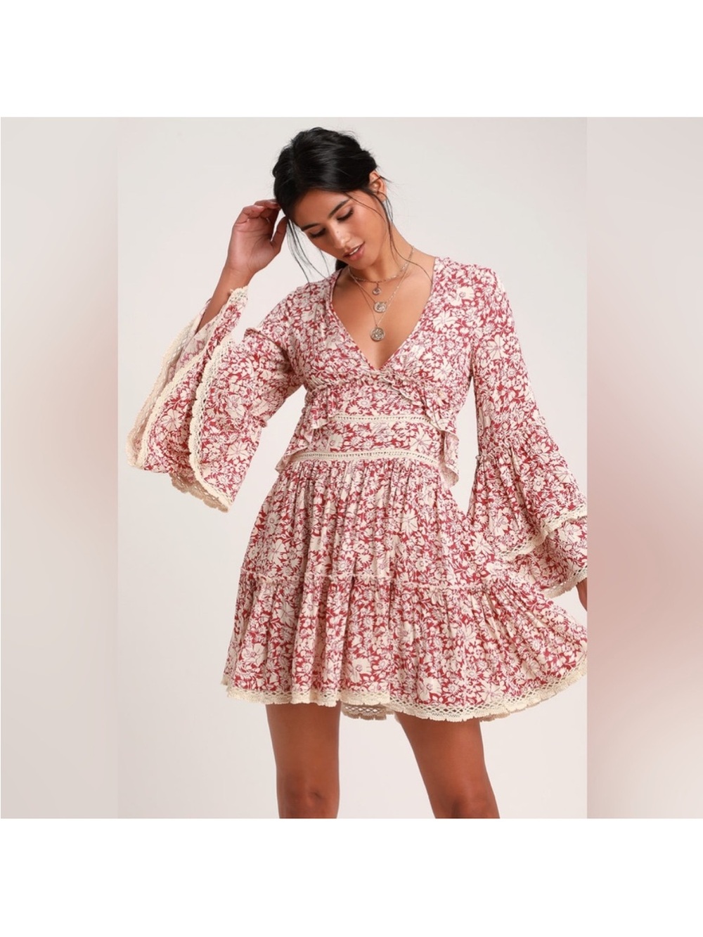 Free People Kristall Berry Red Floral Bell
Sleeve Mini Dress - Size Small